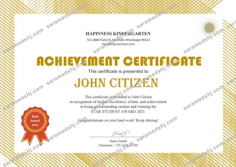 USA Kindergarten certificate template in Word and PDF format